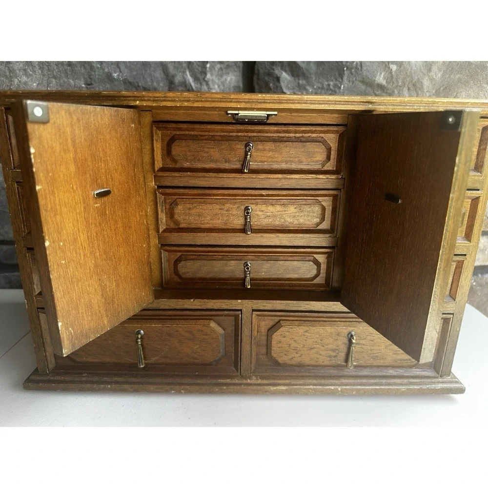 Vintage MCM Kellerman Wooden Jewelry Keepsake Box Case Chest 11 Drawers Cottage